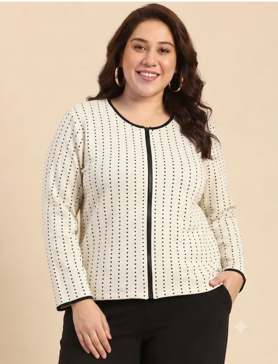 White & Black Dotted Zip-Up Jacket