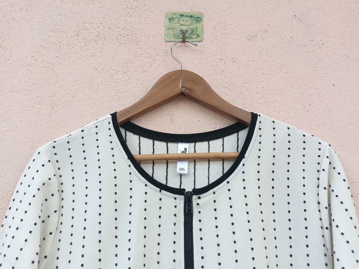 White & Black Dotted Zip-Up Jacket