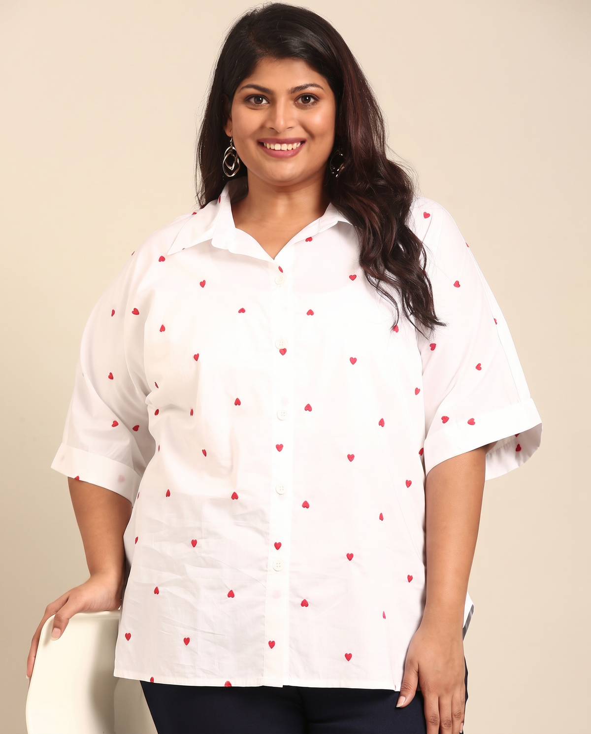 White Heart Embroidery Button-Down Shirt