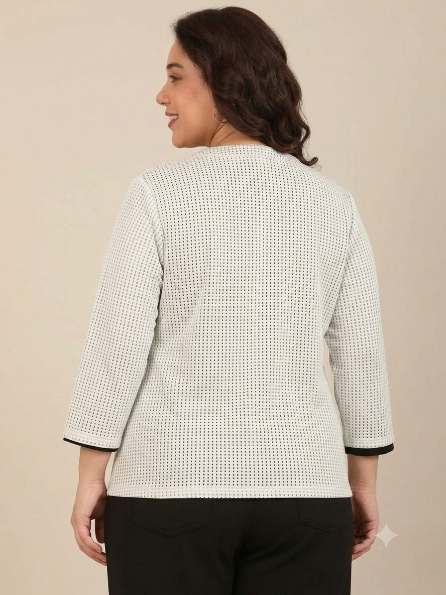 White Round Neck Zip-Front Jacket