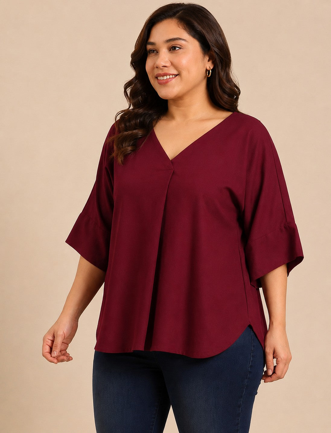 Wine Linen V-Neck Drop Shoulder Top