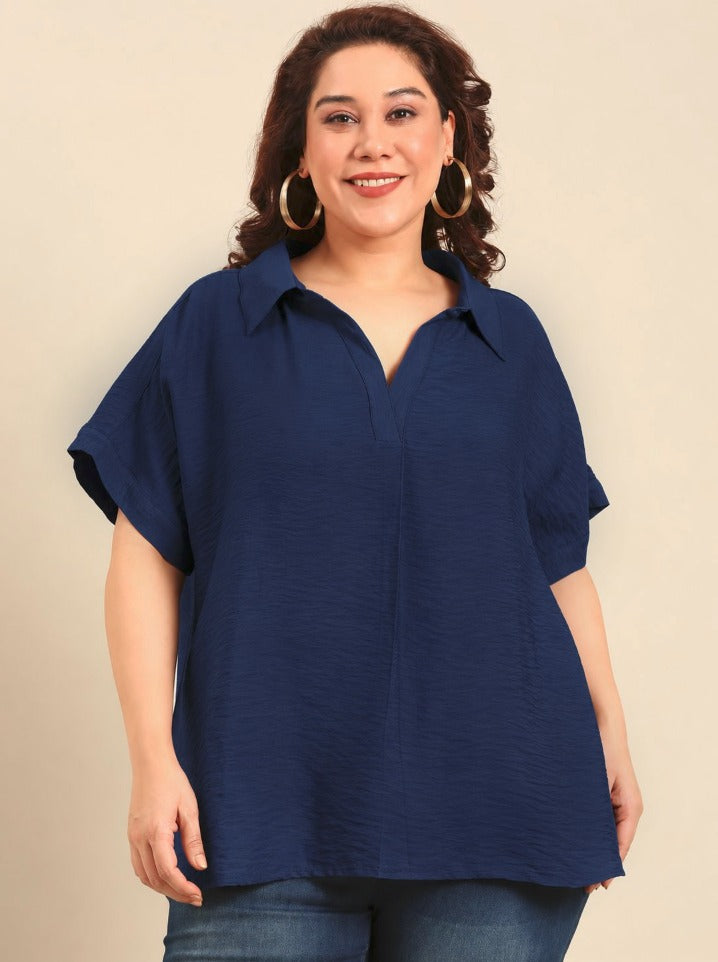 Cyan Navy Drop-Shoulder Collar Top