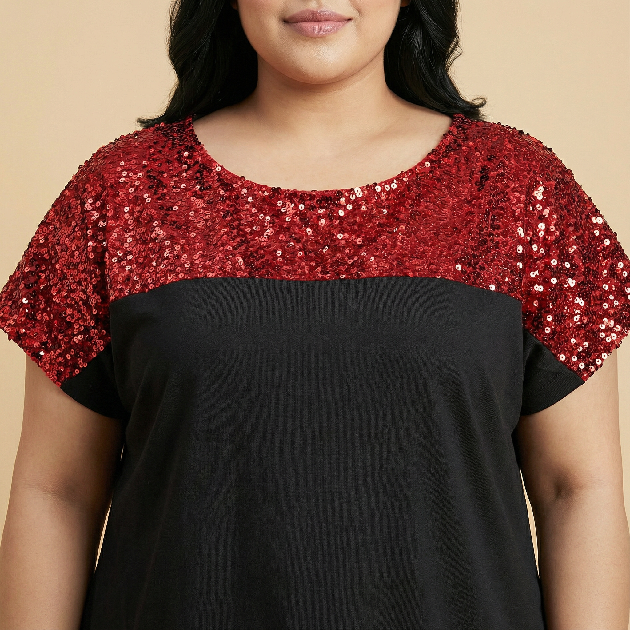 Red Sequins Fabric Colorblock Top