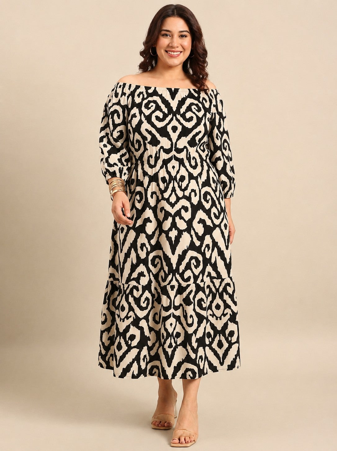 Black & White Crepe Off Shoulder Dress