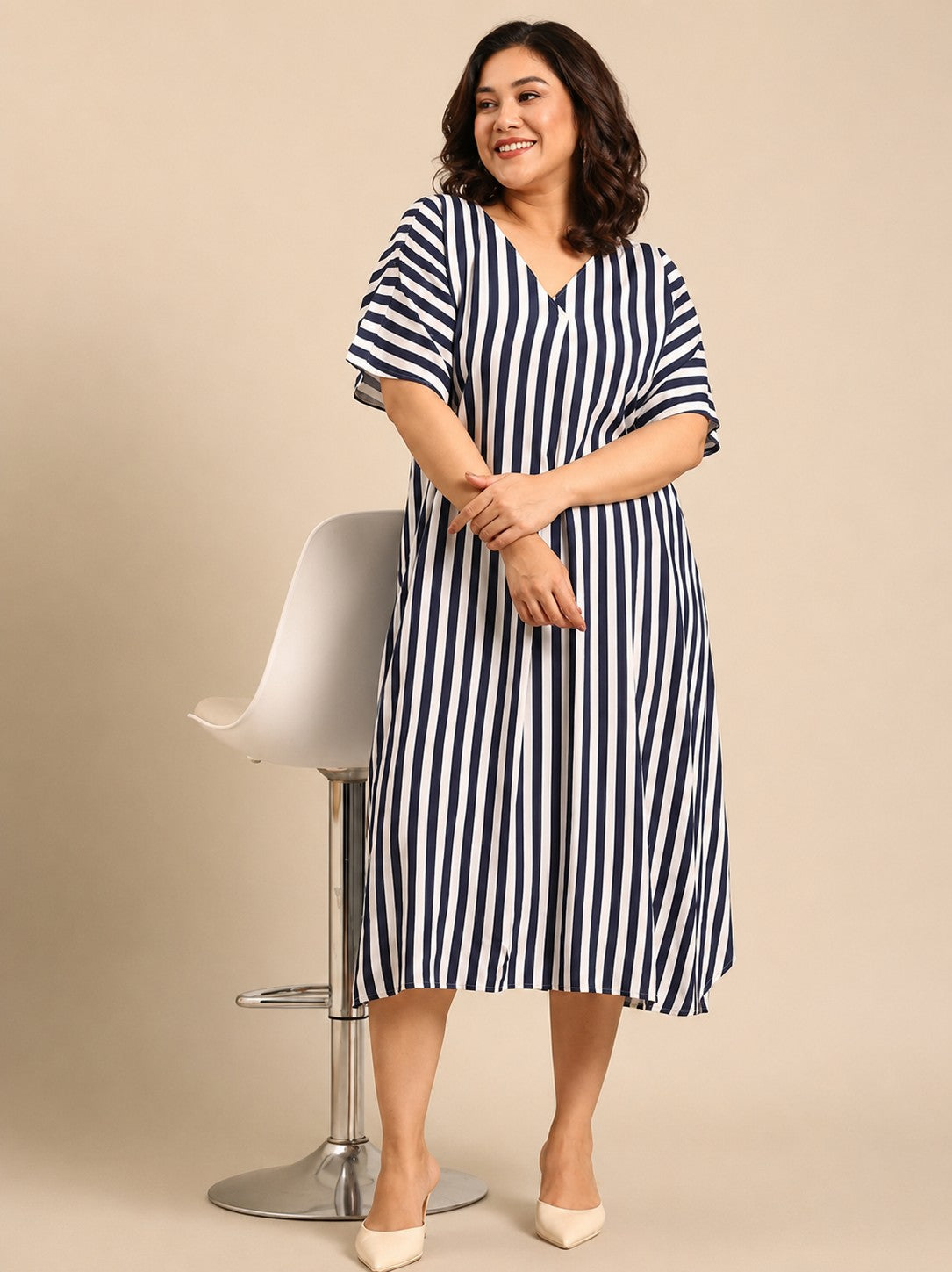 Navy White Striped A-Line Dress
