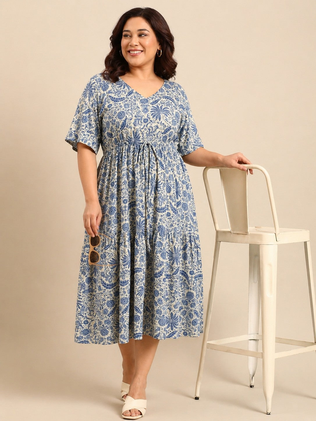 Tropical Print Maxi Dress With Waist Tie