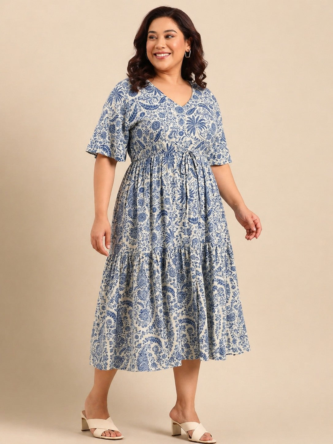 Tropical Print Maxi Dress With Waist Tie