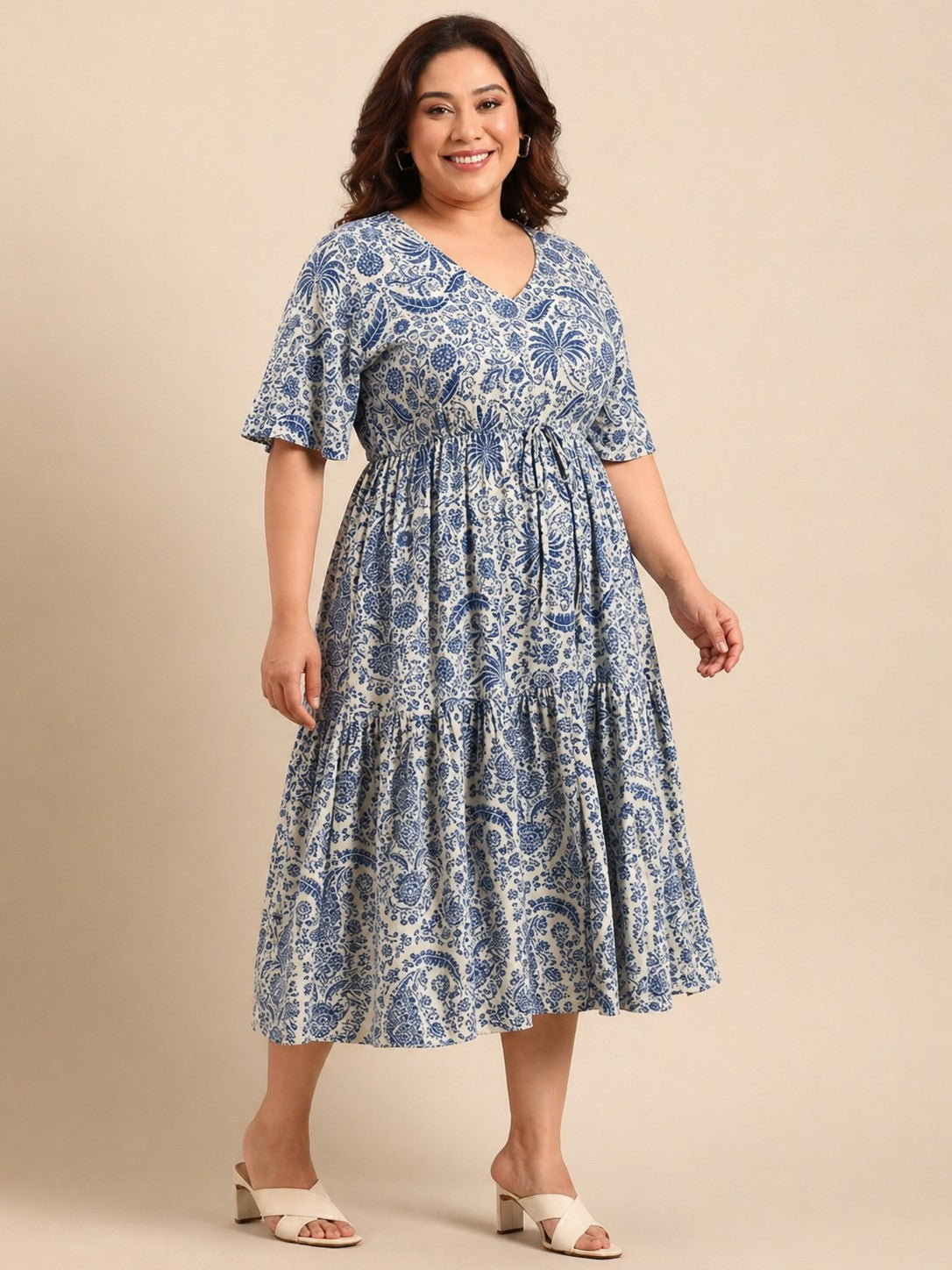Tropical Print Maxi Dress With Waist Tie
