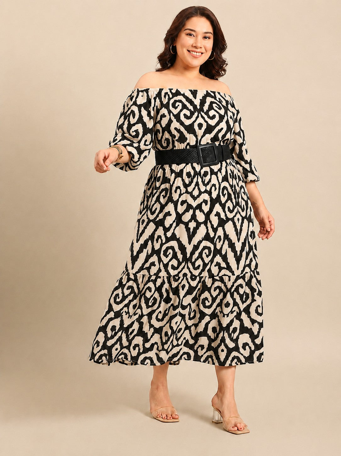 Black & White Crepe Off Shoulder Dress