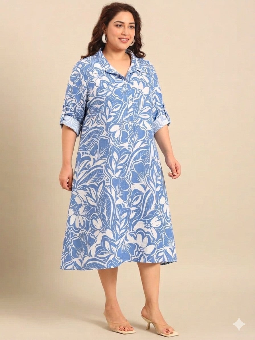 Cotton Floral Print A-Line Dress