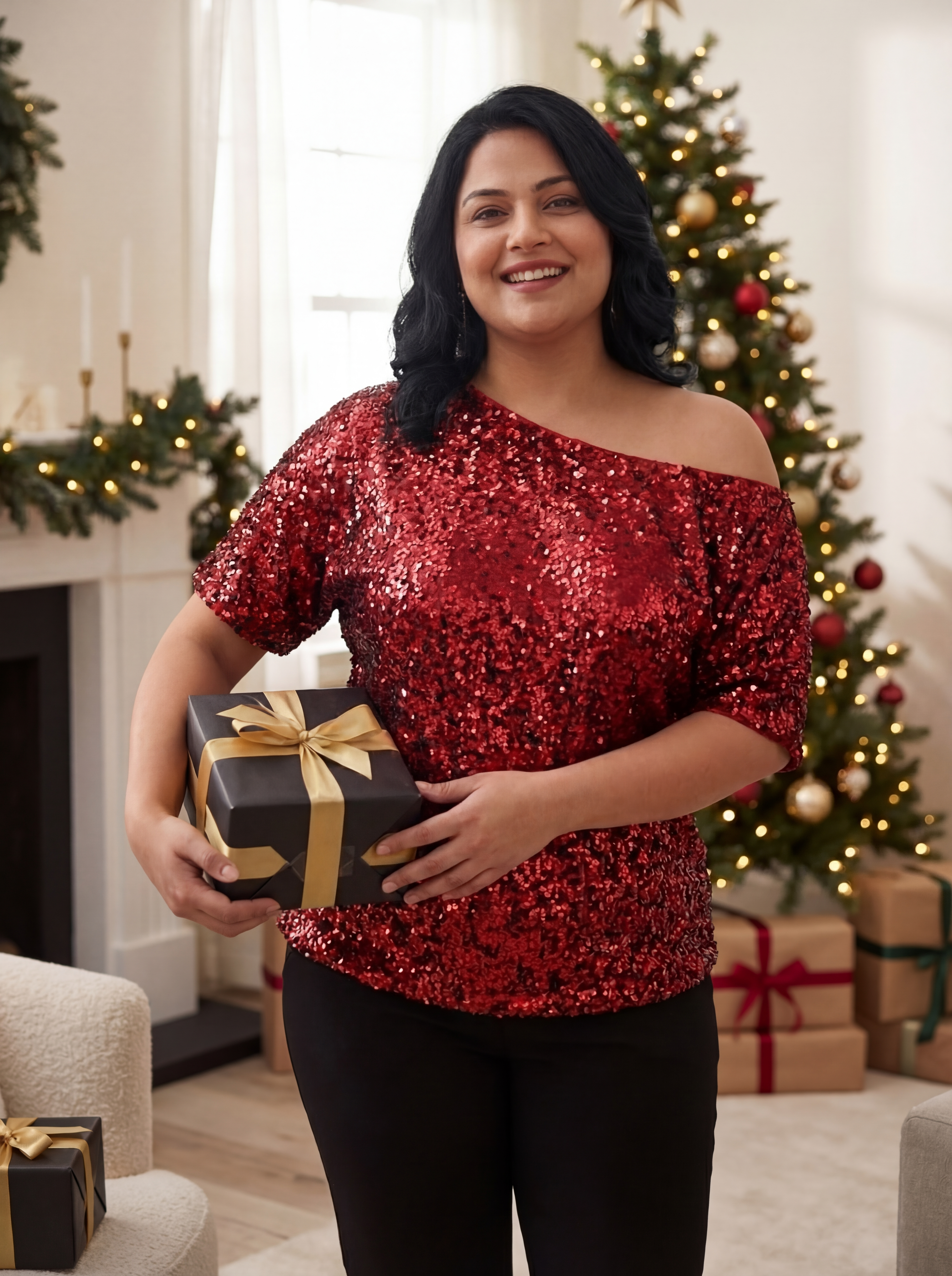 Red Sequin Off-Shoulder Top