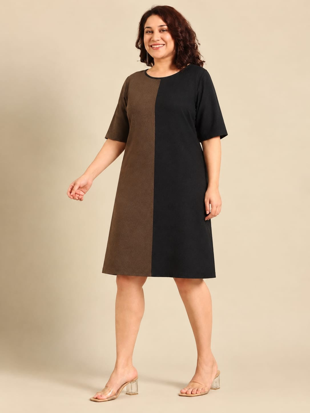 Black & Brown Colourblock Sheath Midi Dress