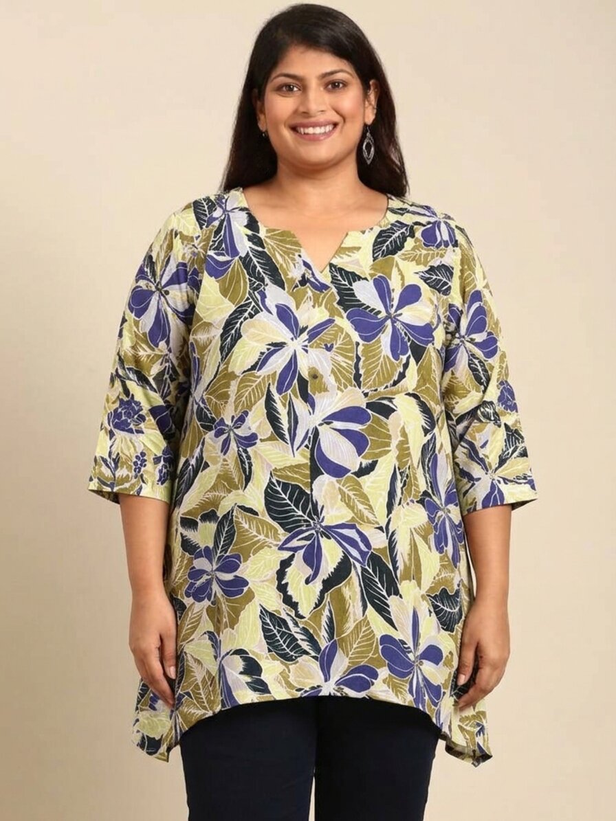 Blue and Olive Floral Fishcut Tunic