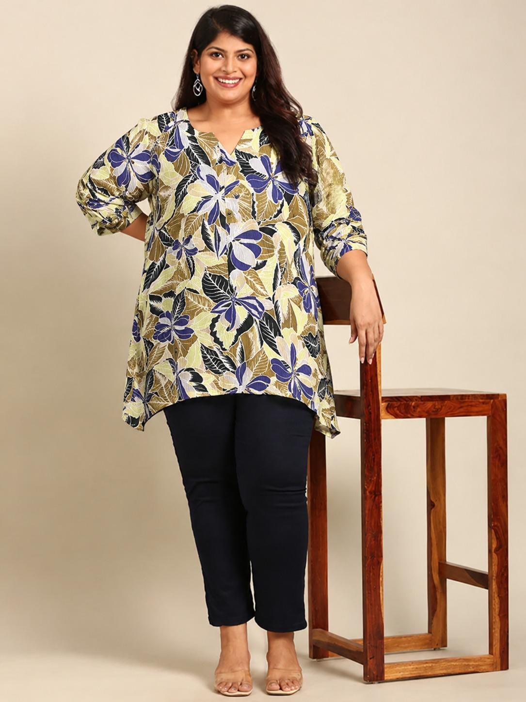 Blue and Olive Floral Fishcut Tunic