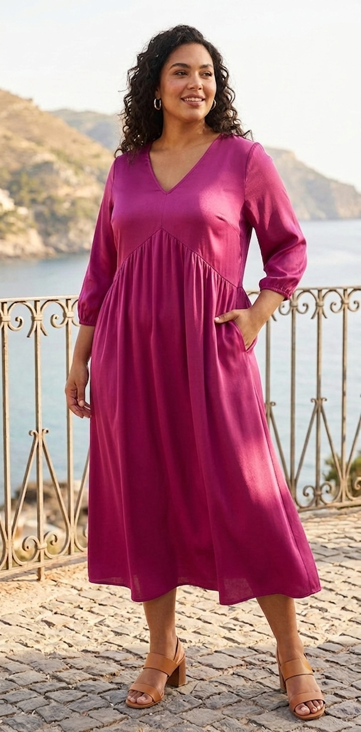 Pink V-Neck Midi Dress