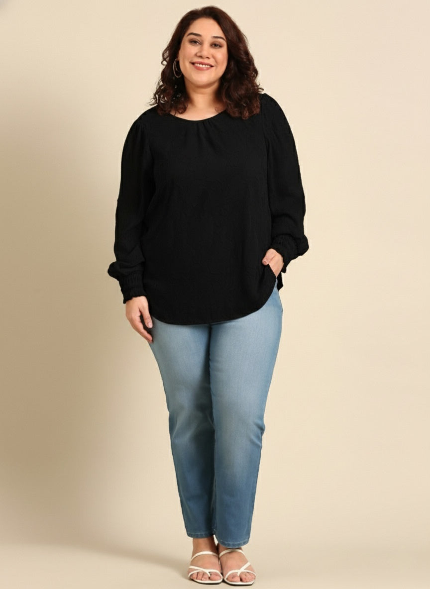 Black Floral Jacquard Cuff Top