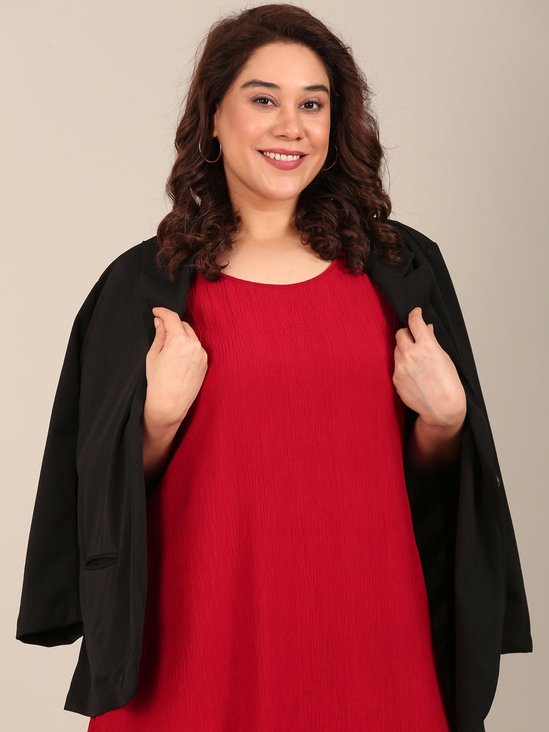 Black Blazer & Red Sleeveless Dress Set (2-Piece)