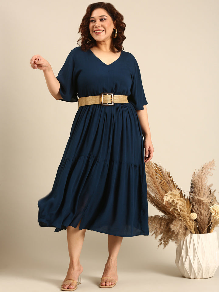 Solid Teal Tie-Up Dress And Belt Combo