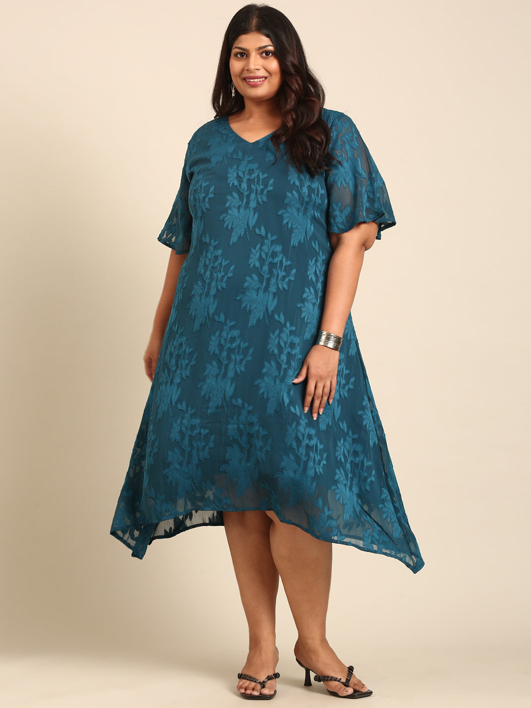 Teal Floral Jacquard A-Line Dress