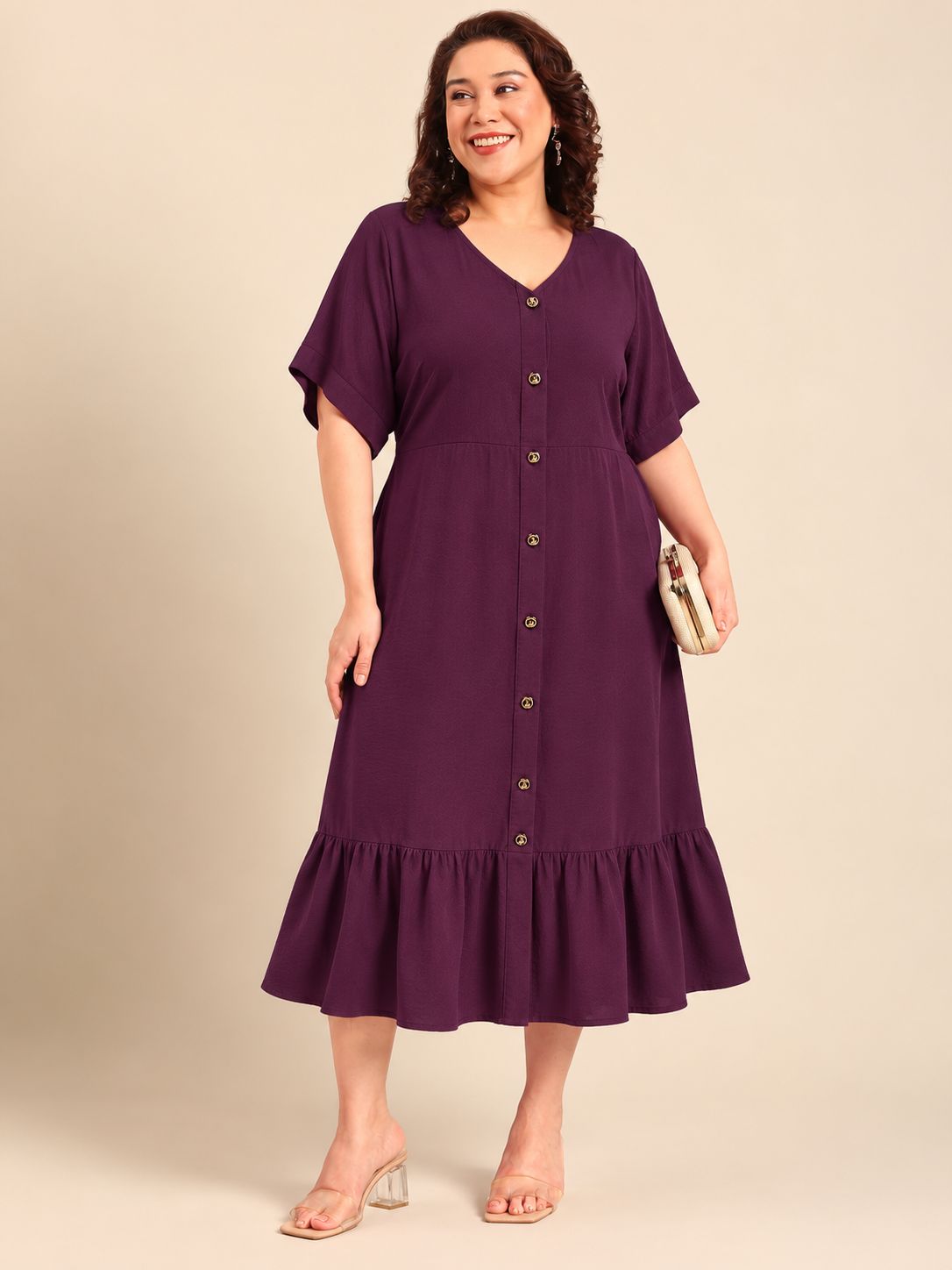 Maroon A-Line Button Down Dress