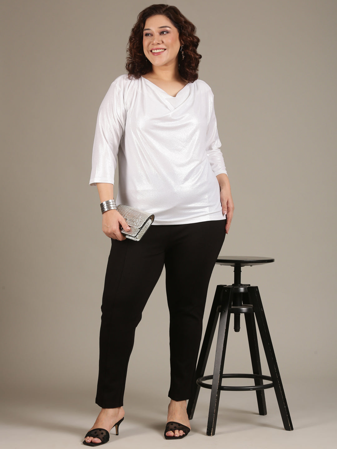 White Shimmer Cowl Neck Top