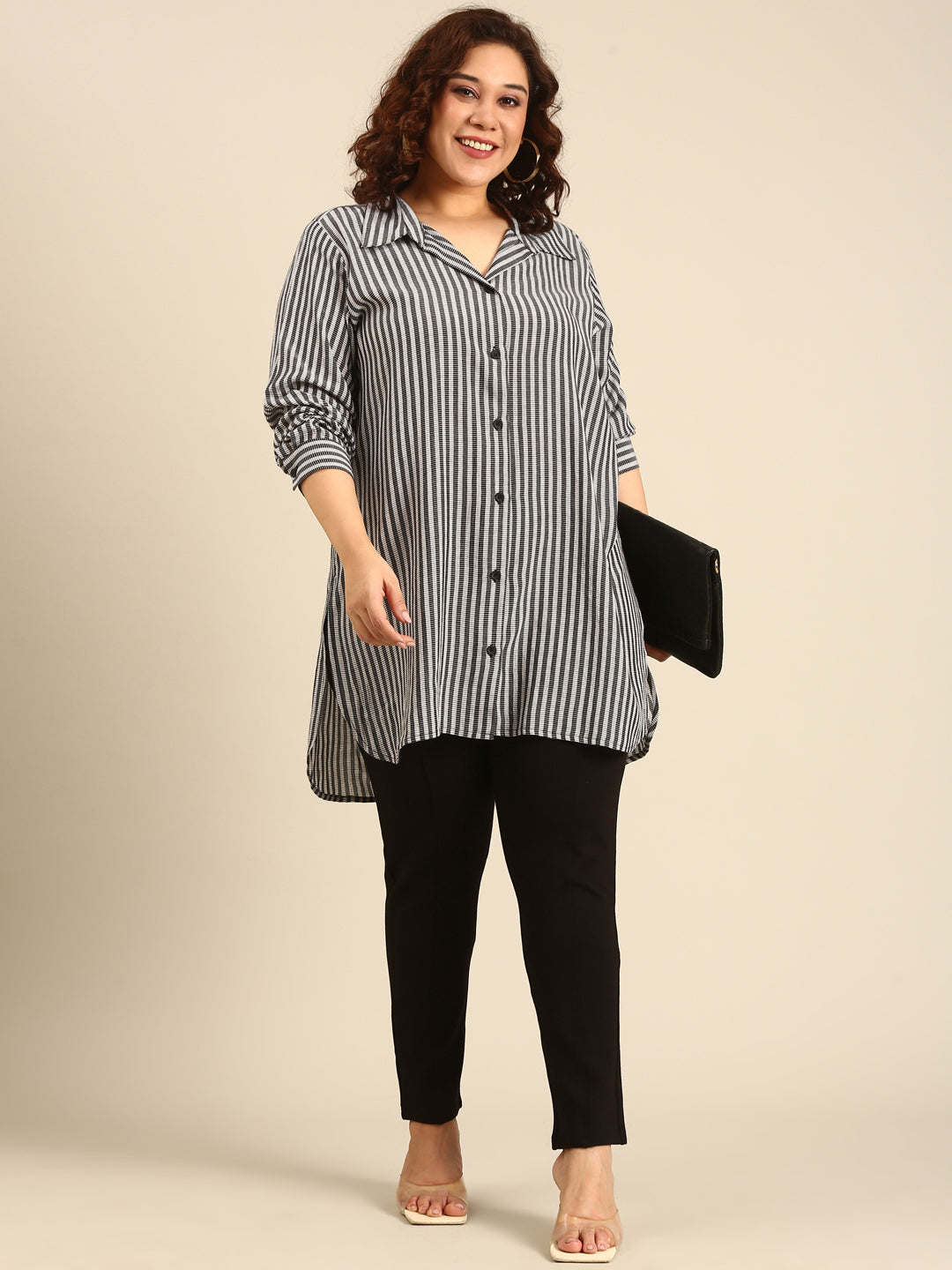 Grey Striped Long-Line Shirt