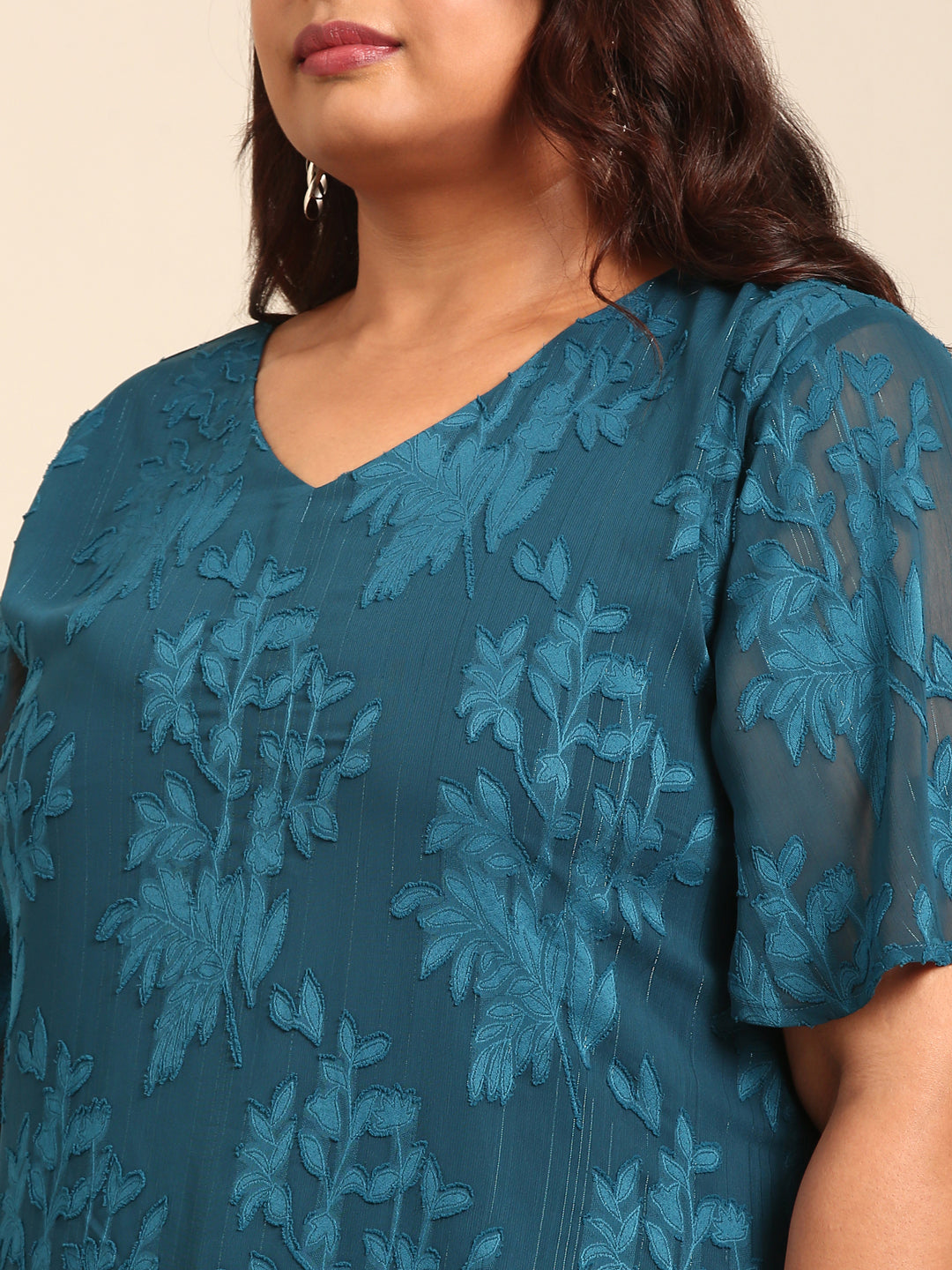Teal Floral Jacquard A-Line Dress