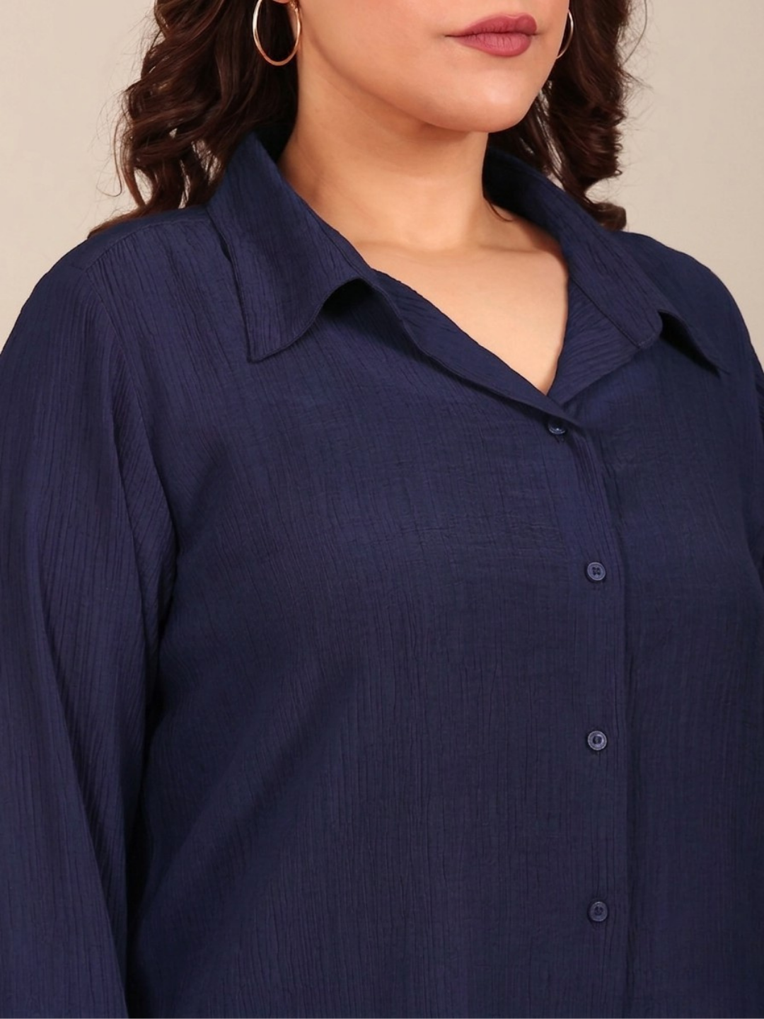 Navy Crepe Button-Down Shirt