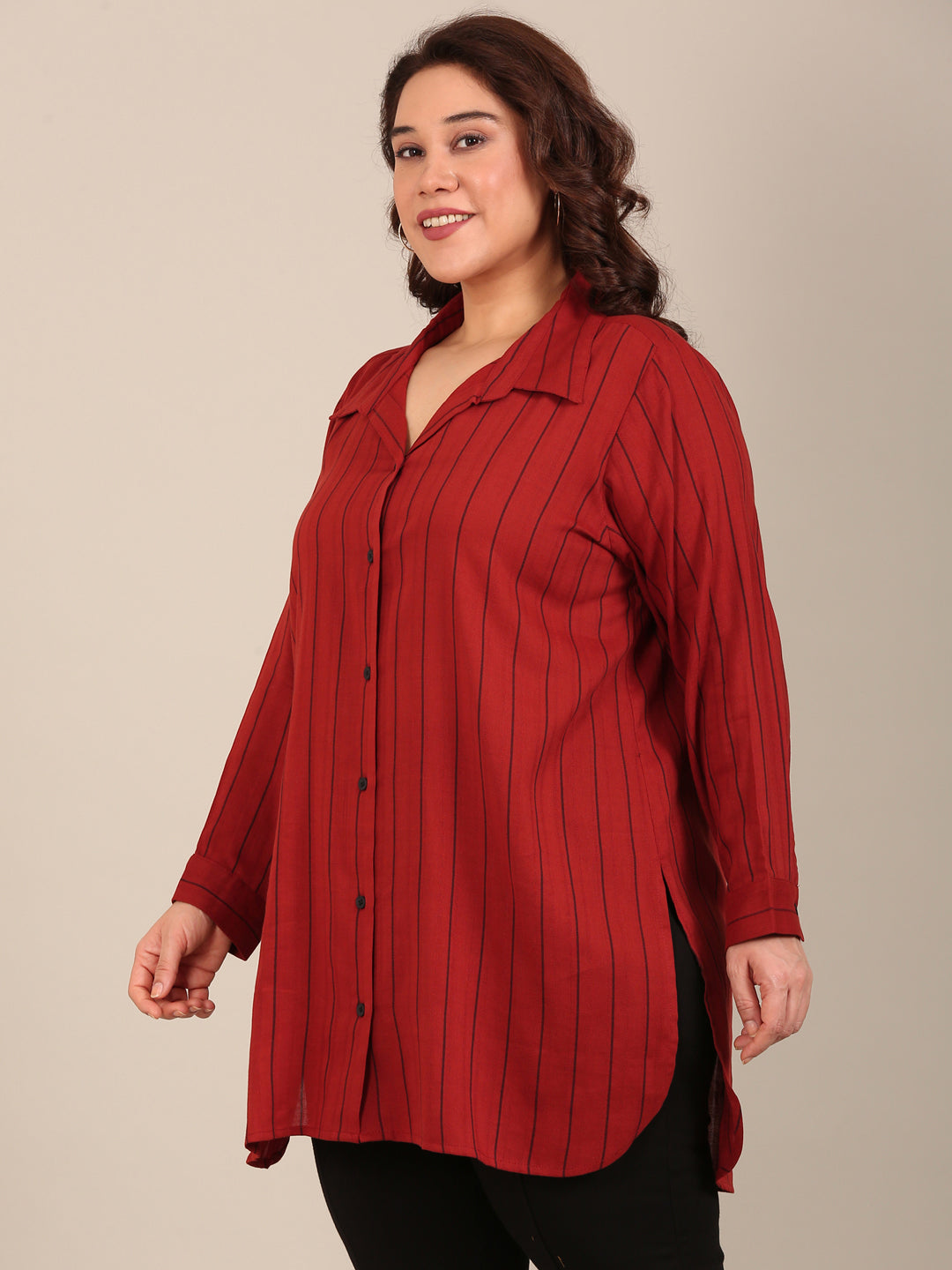 Red Striped Long-Line Shirt