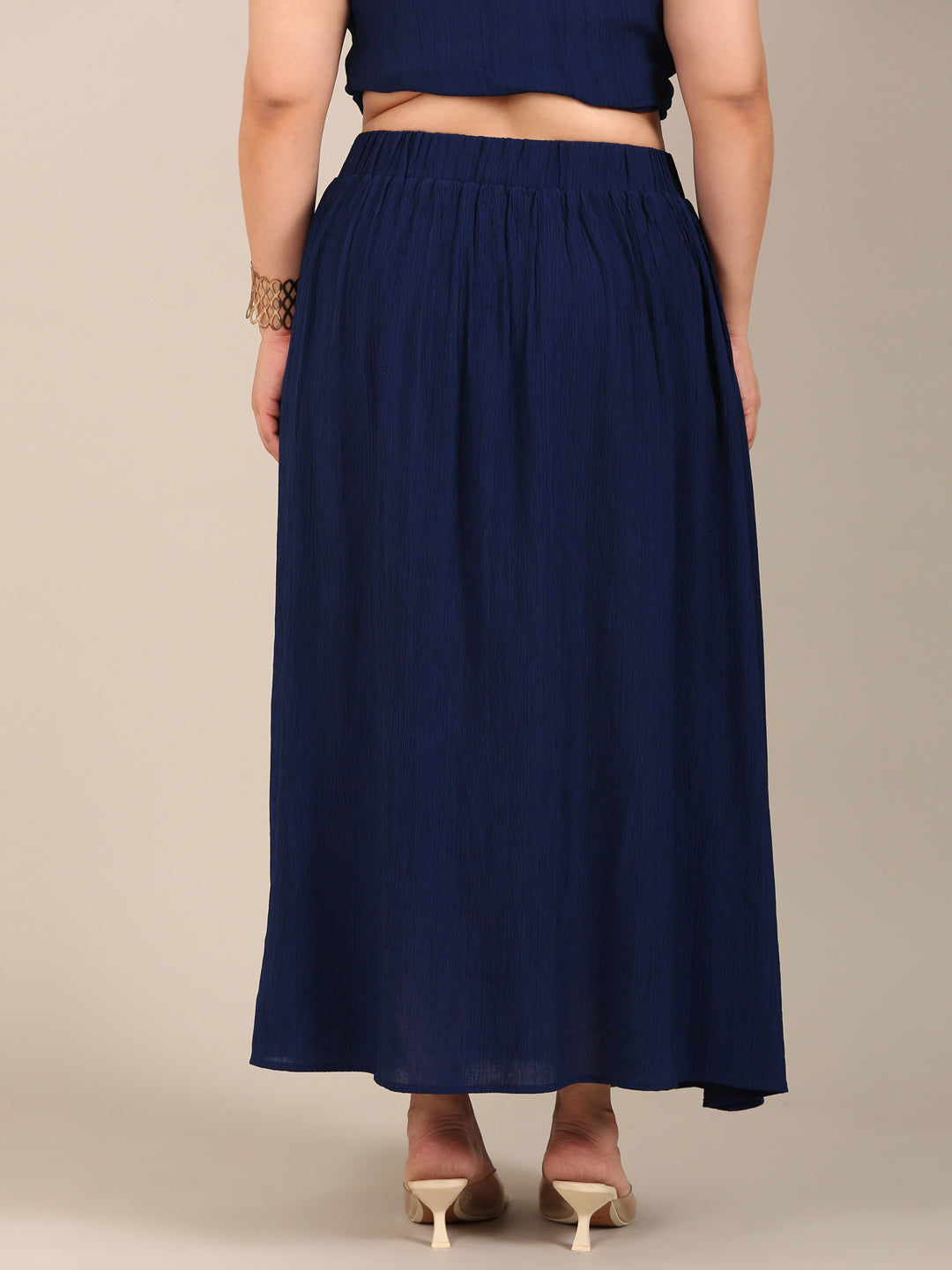 Solid Navy Crepe Long Skirt
