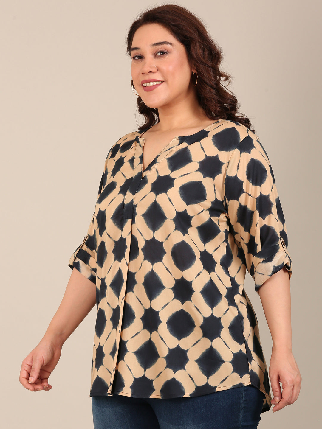 Beige & Black Printed Top