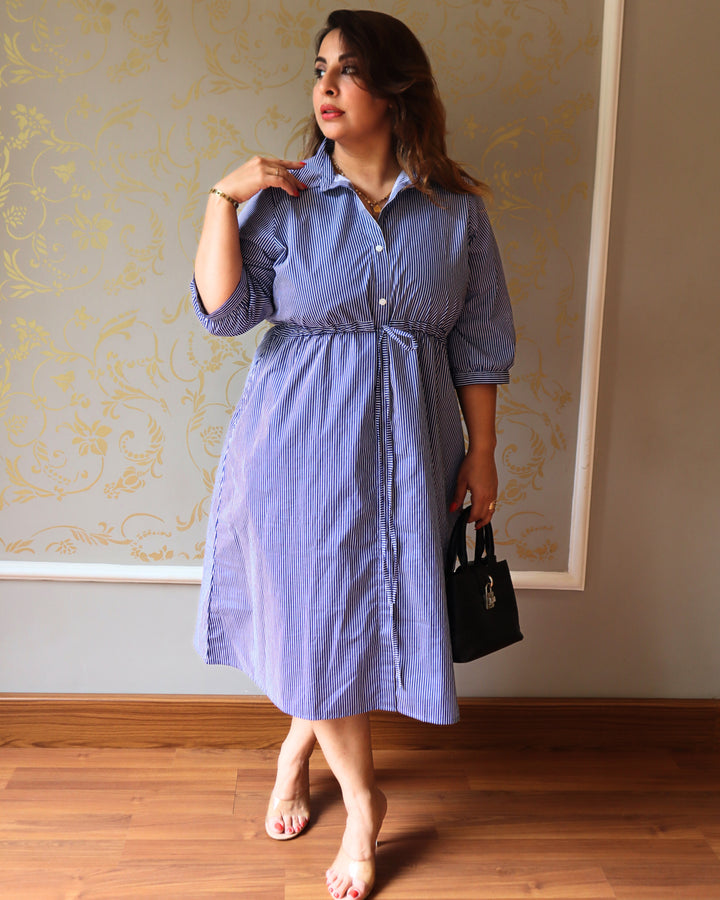 Navy Stripe Poplin Shirt Dress