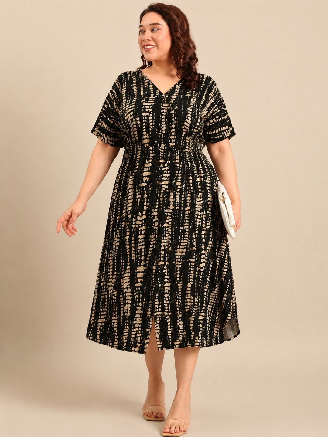 Black & Beige Abstract Print Midi Dress