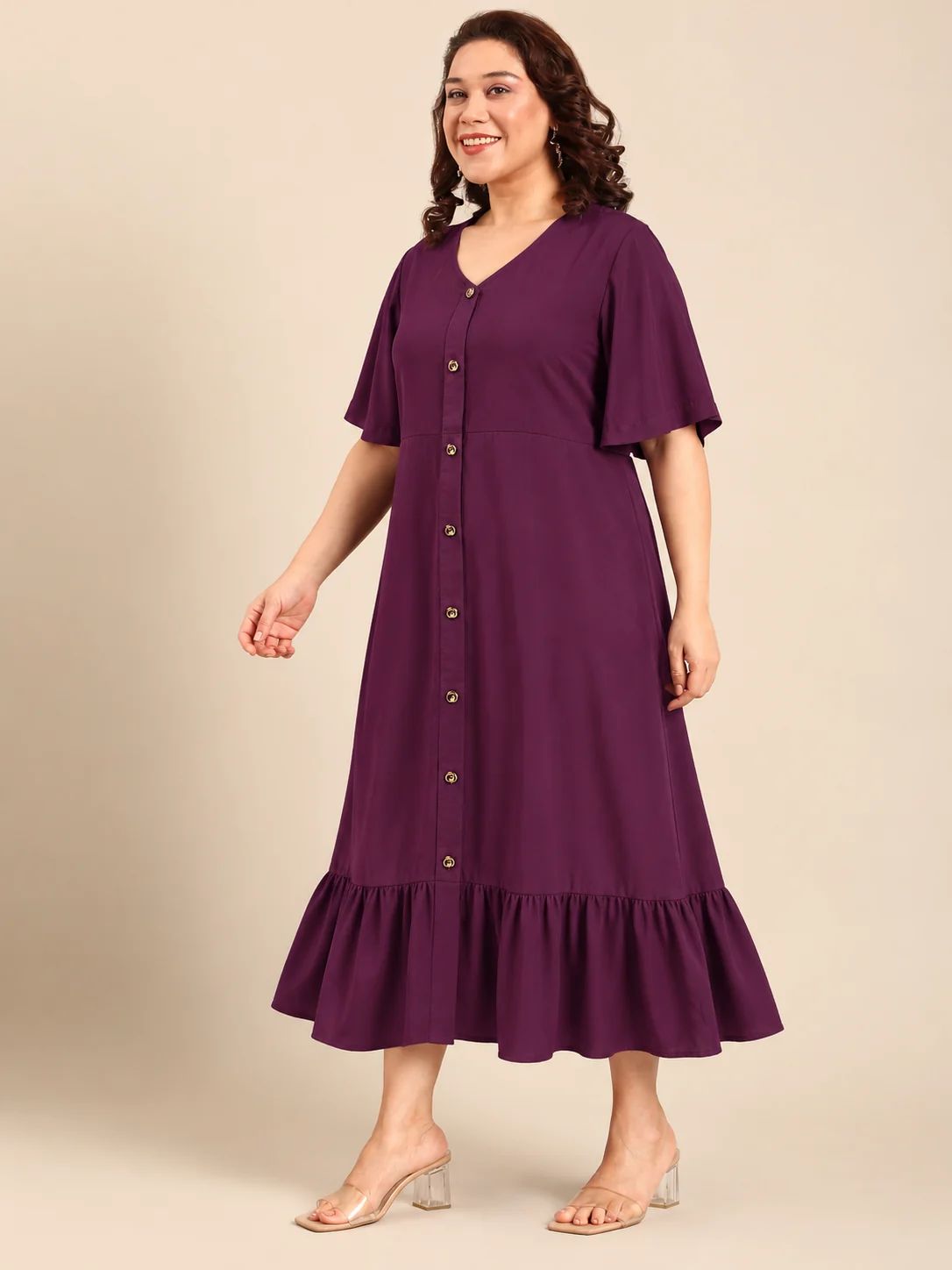 Maroon A-Line Button Down Dress