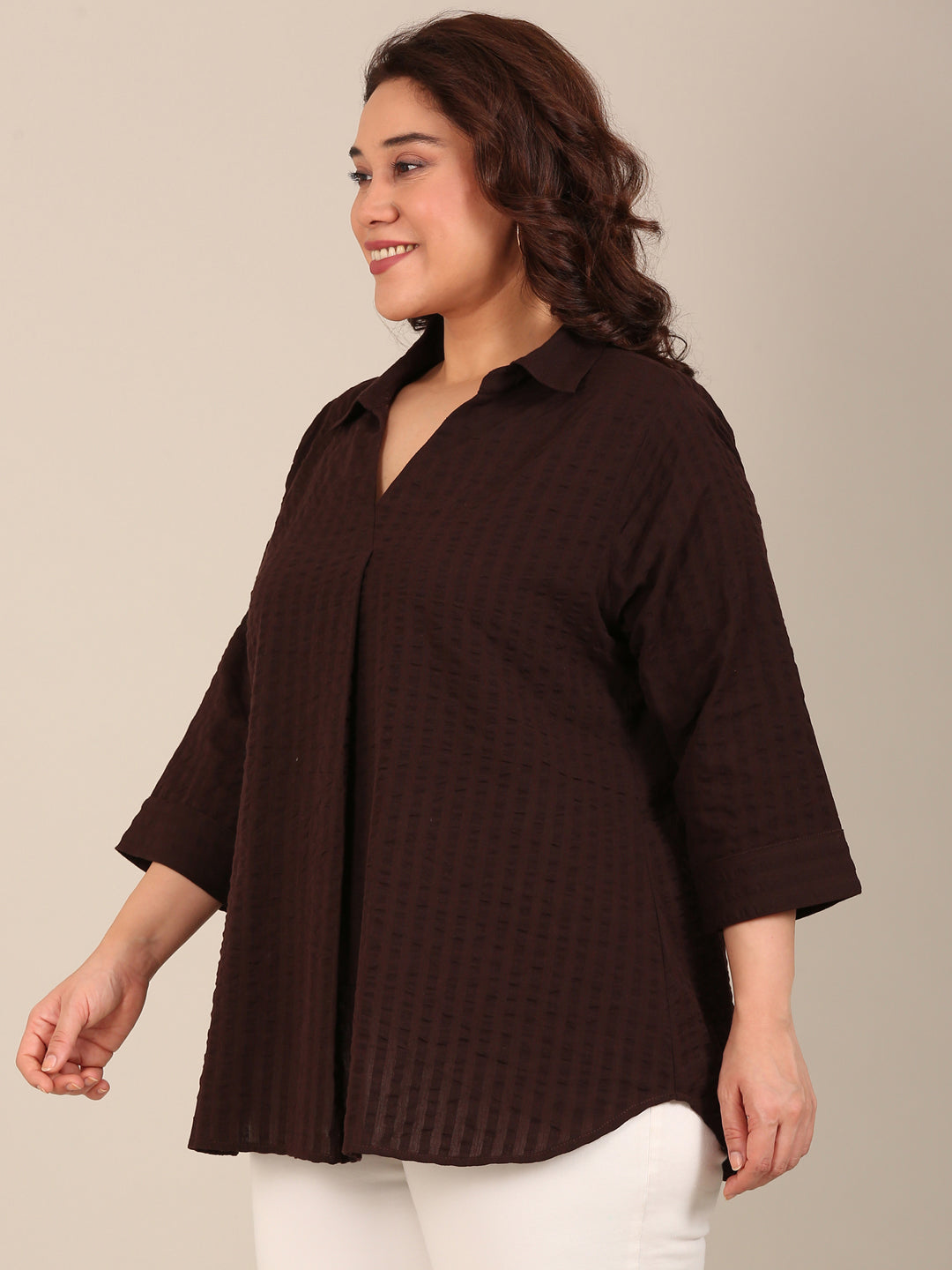 Brown Textured Collar Top