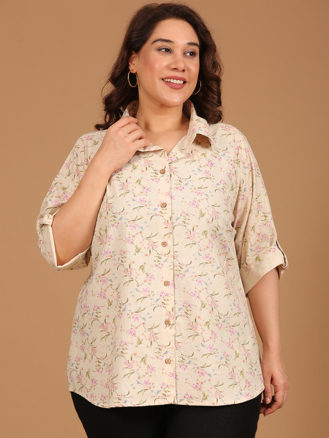 Beige Floral Button-Down Shirt