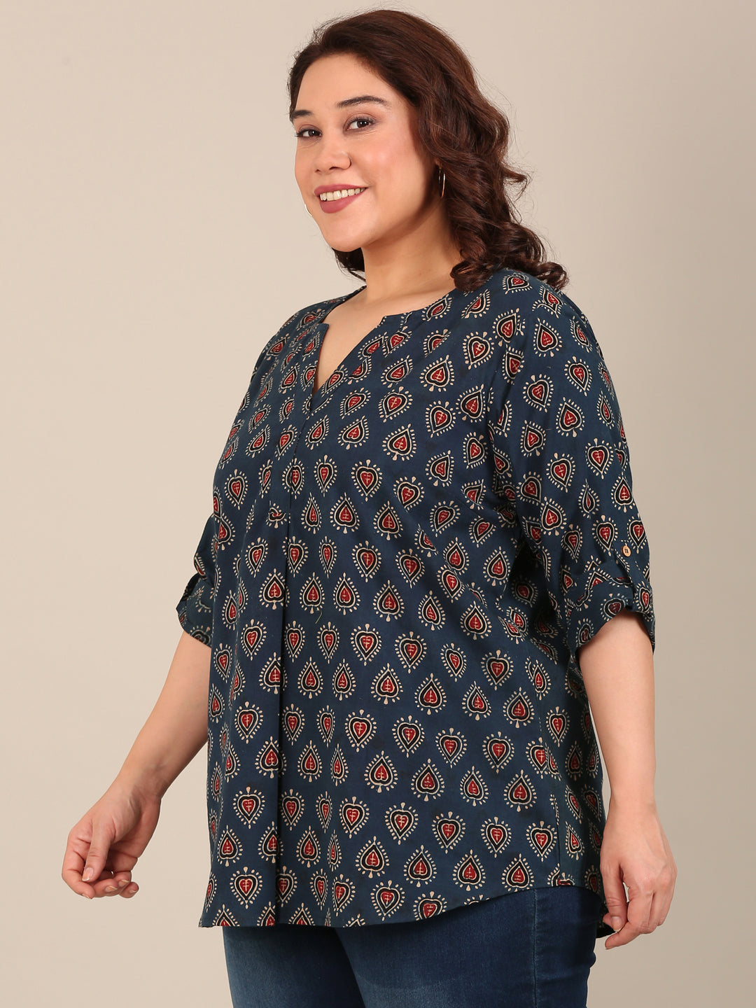 Navy Cotton Printed V Neck Top