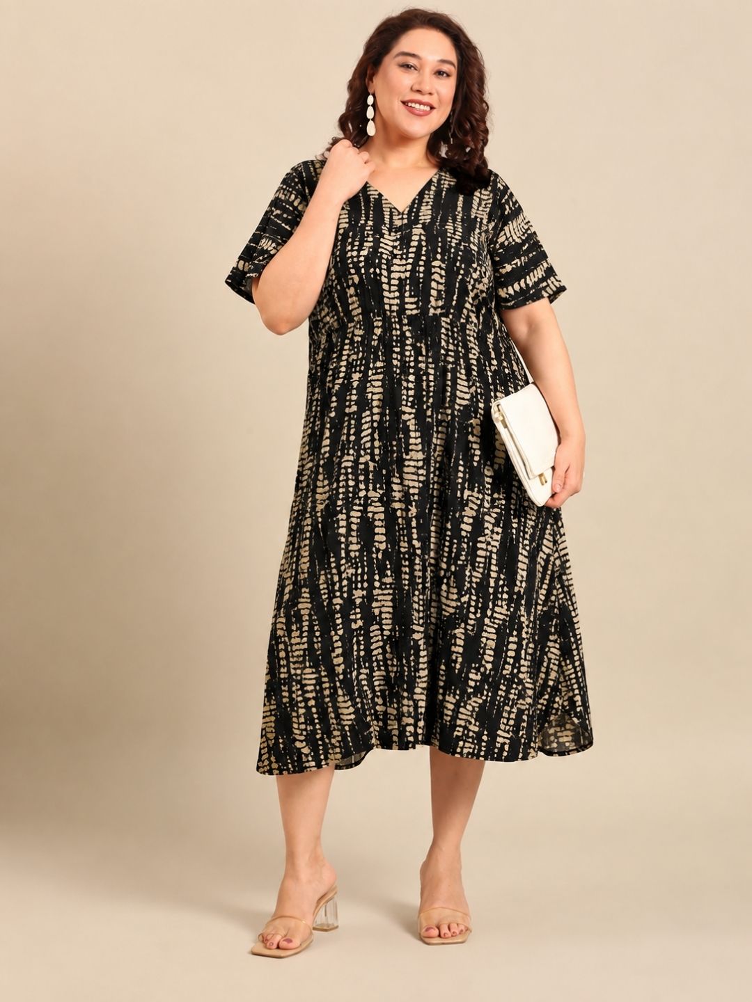 Black & Beige Abstract Print Midi Dress