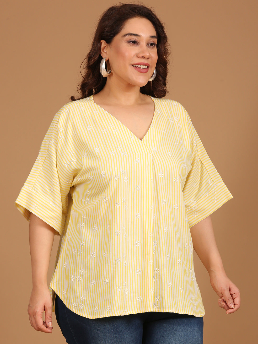 Yellow Embroidered Front Pleat Top