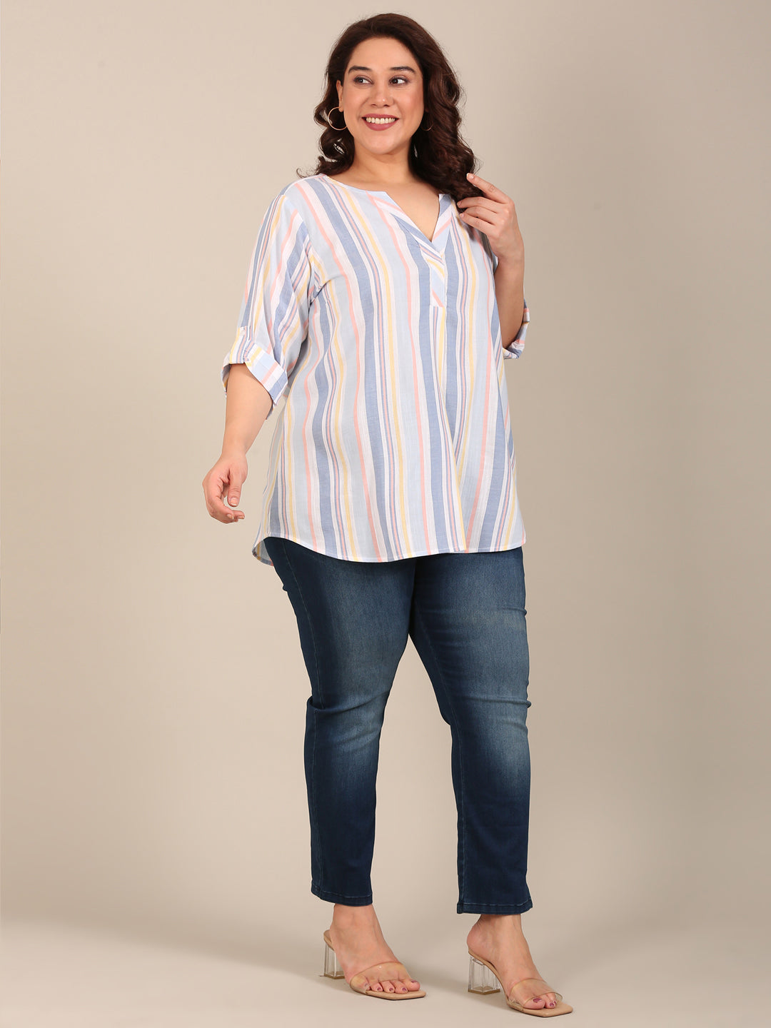 Multi Striped Front Pleat Top