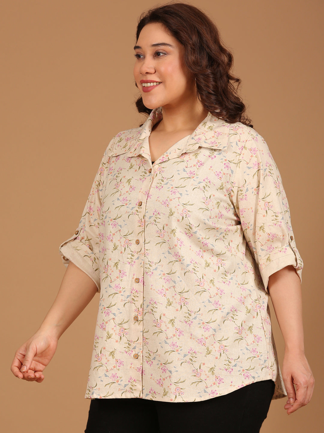 Beige Floral Button-Down Shirt