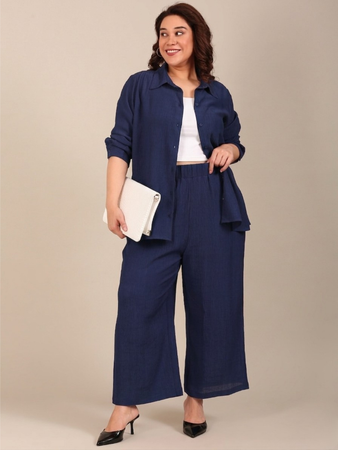 Navy Crepe Button-Down Shirt