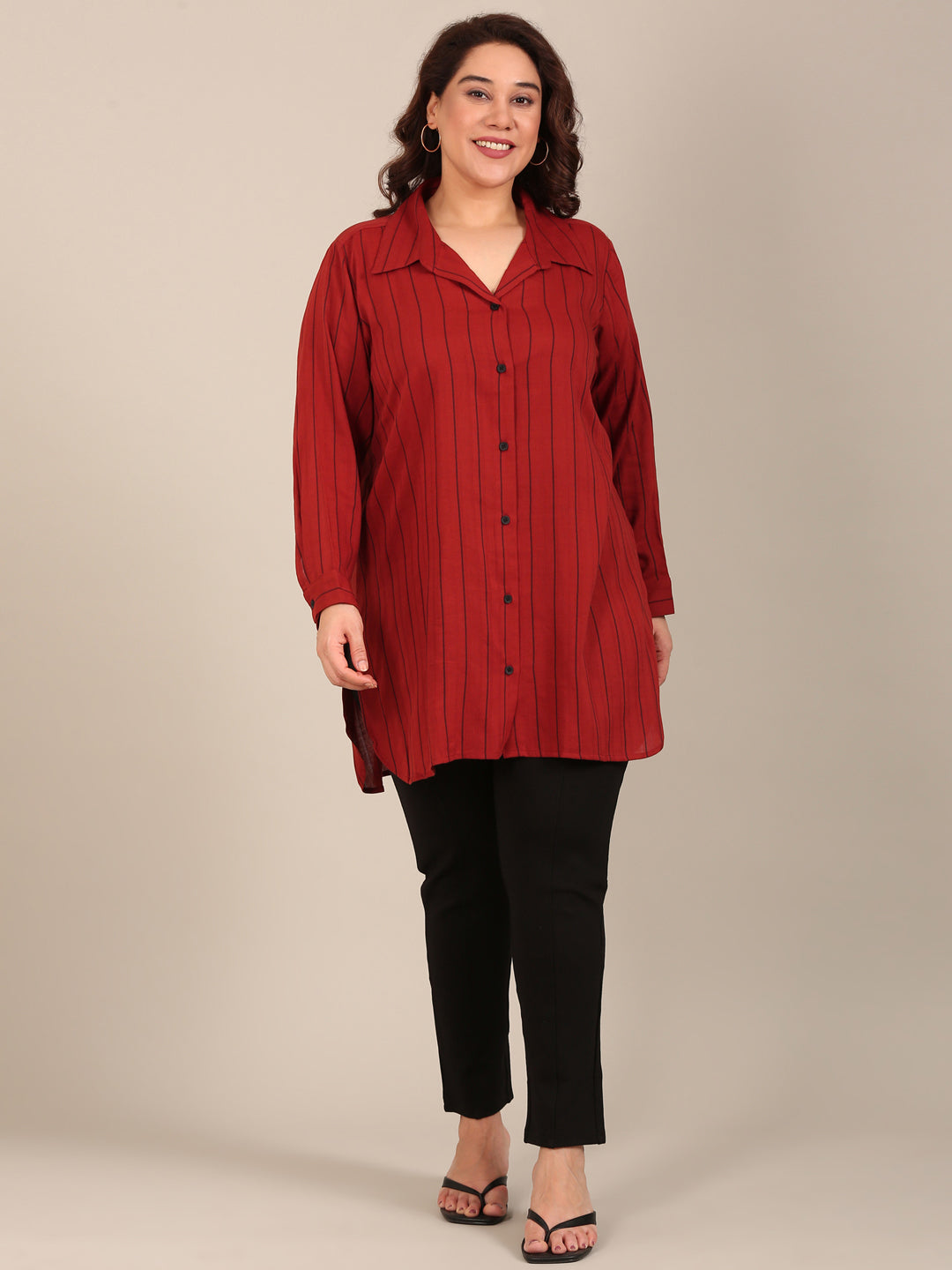Red Striped Long-Line Shirt