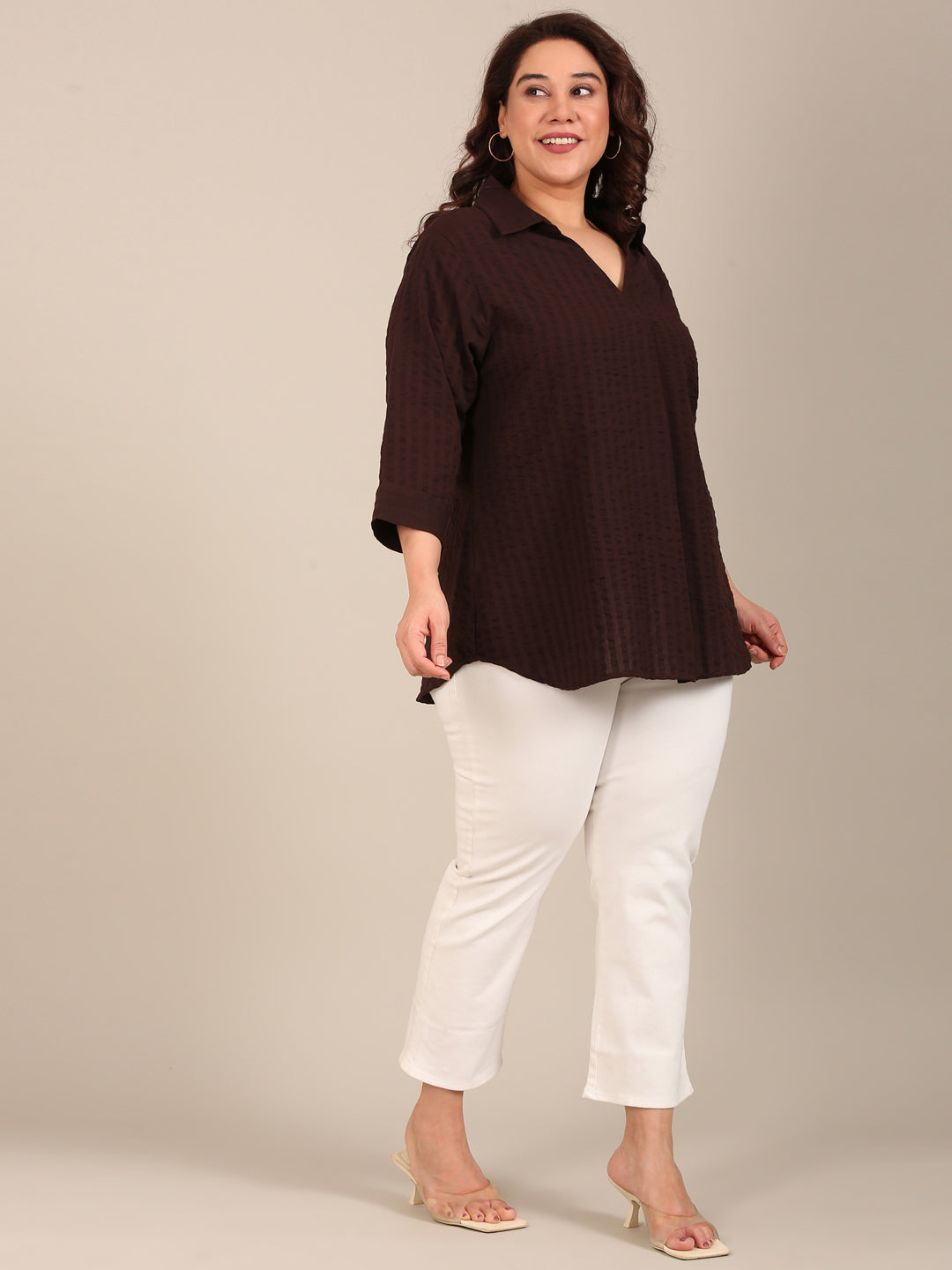 Brown Textured Collar Top