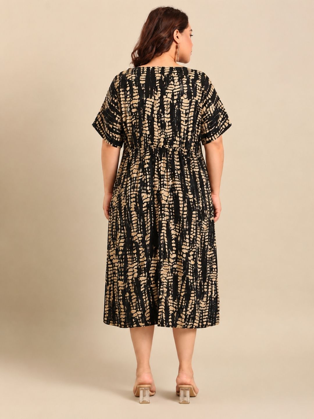 Black & Beige Abstract Print Midi Dress