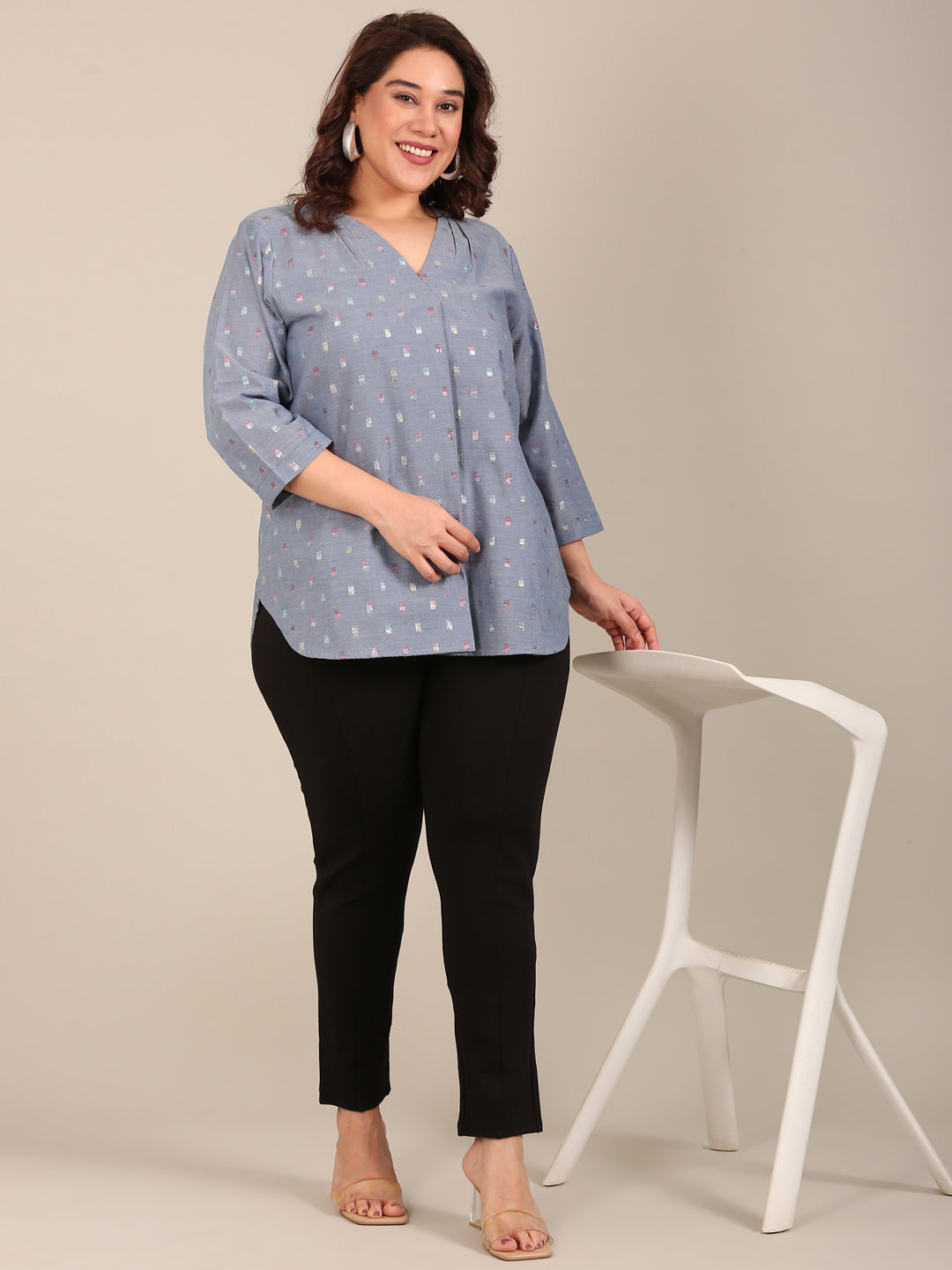 Multi-Color Dobby V-Neck Top
