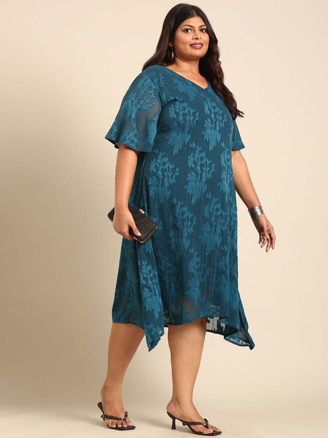 Teal Floral Jacquard A-Line Dress