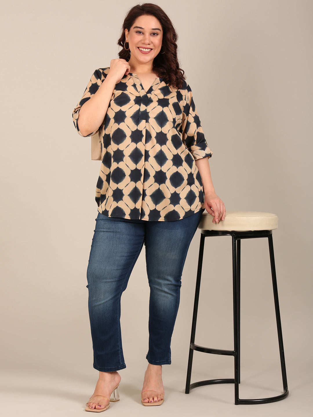 Beige & Black Printed Top