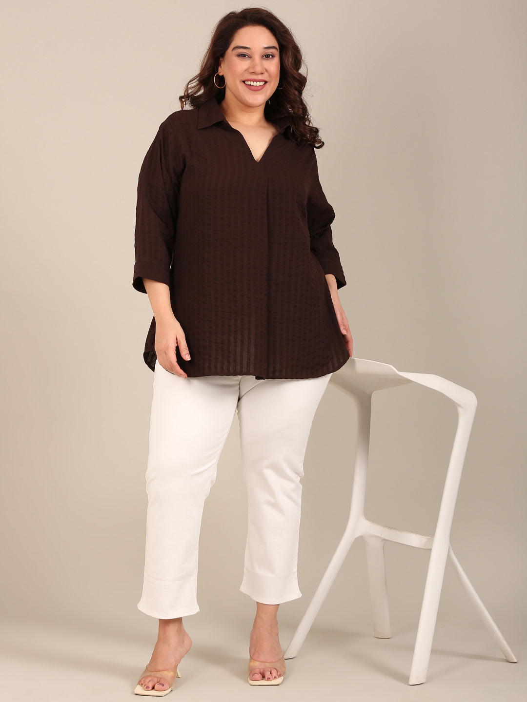 Brown Textured Collar Top