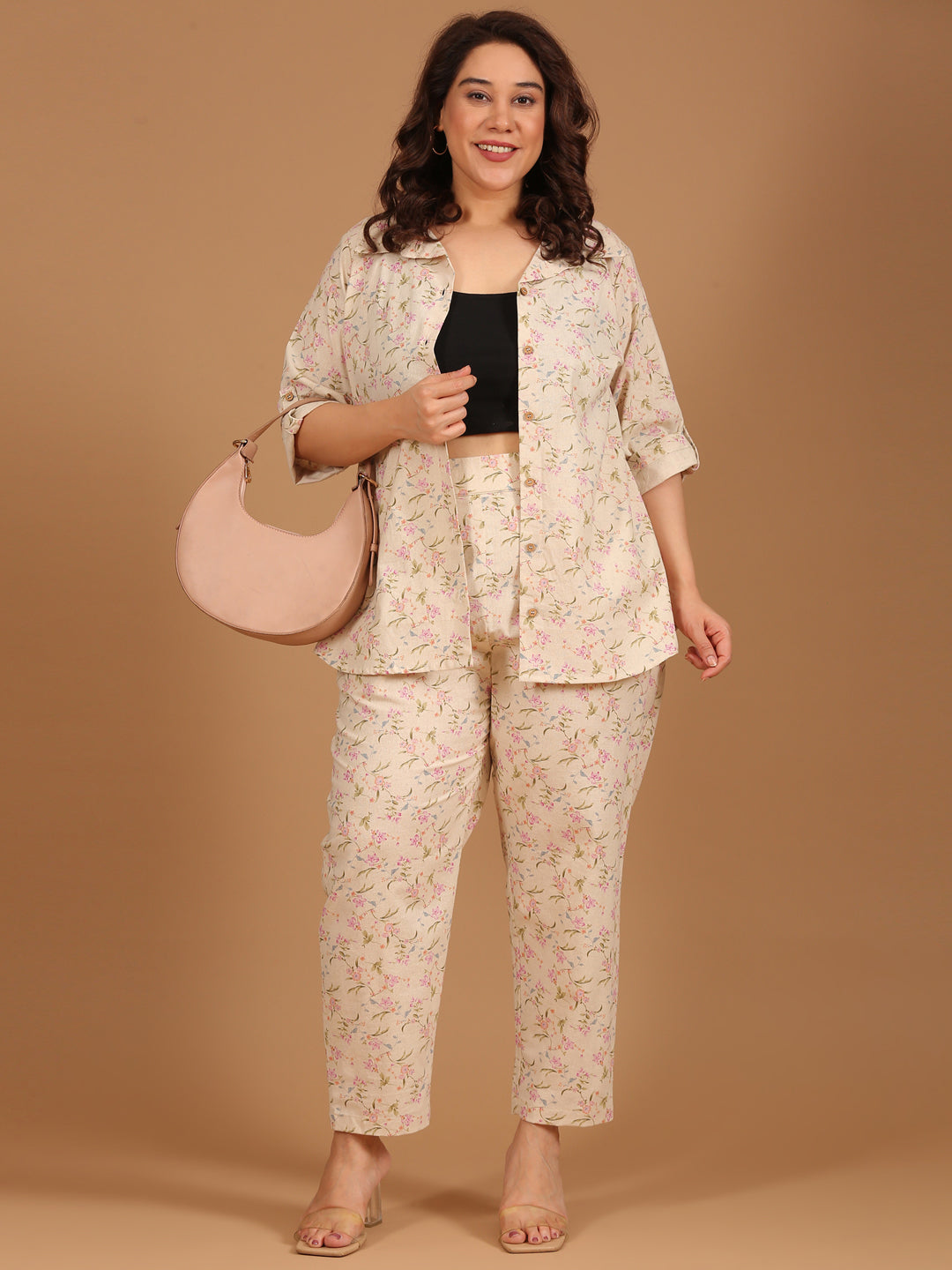 Beige Floral Button-Down Shirt
